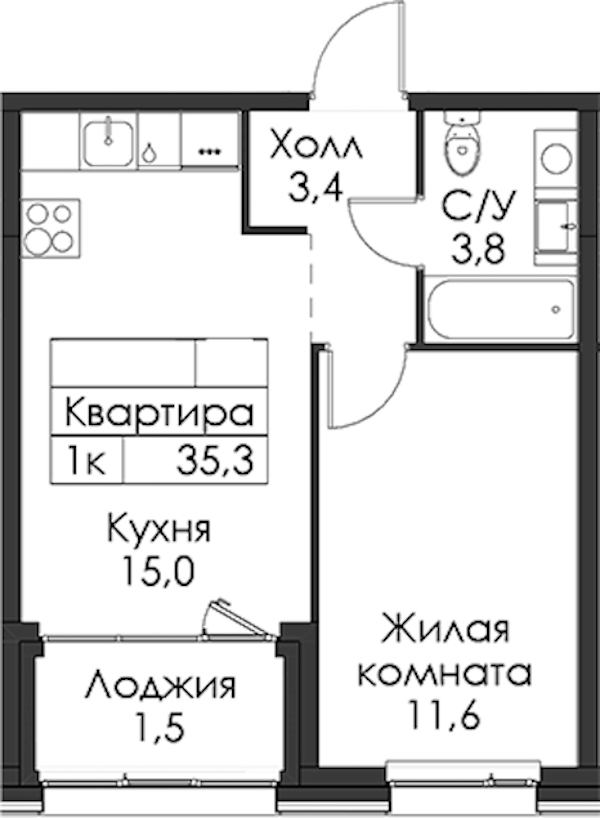 1-комнатная квартира 35.3 м², 8/8 эт., ЖК «Шкиперский 19»